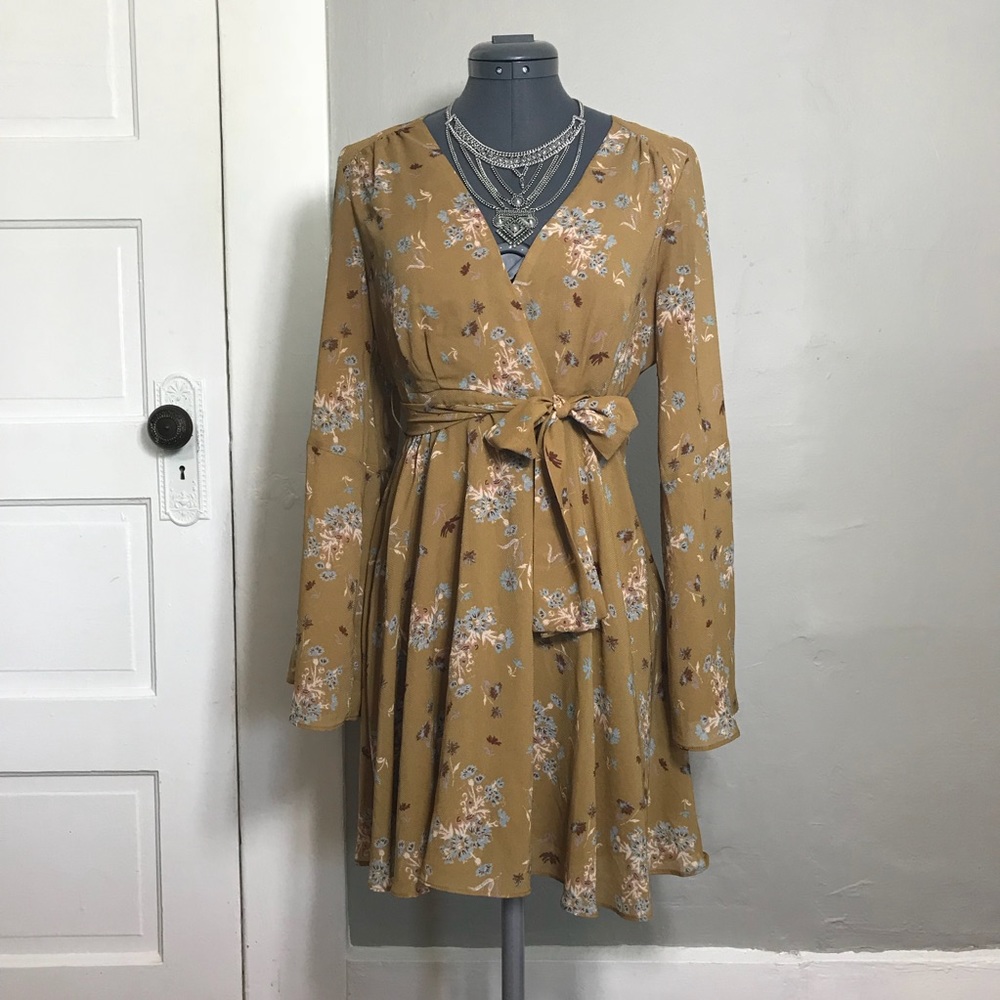 Free People Floral Mustard Bell Sleeve Hippy Dress - Picture 2 of 8